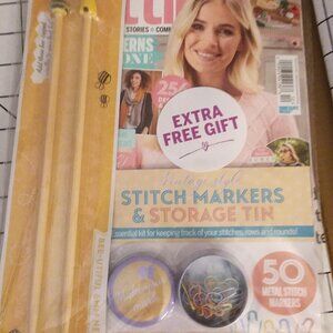 Simply Knitting magazine Issue 212 with knitting needles, stitch markers, etc